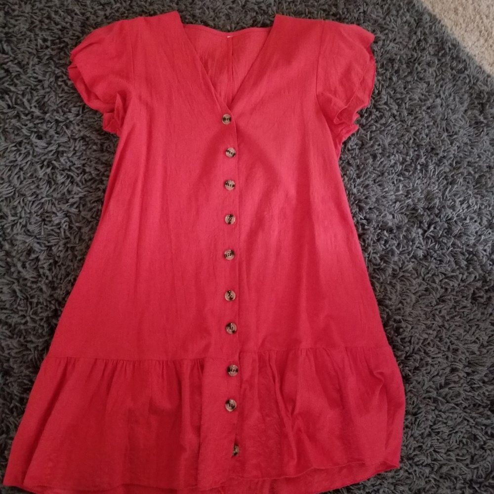 Cute Ruffle Red Button Up Mini Summer Dress Size M - Picture 3 of 3